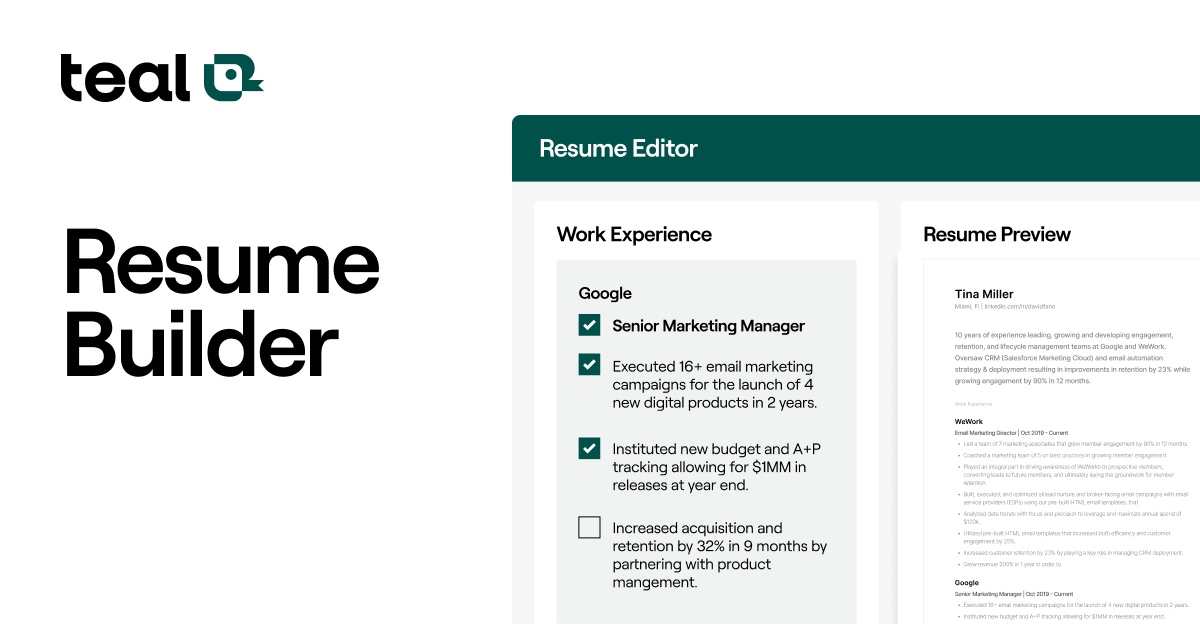 Teal Resume Builder and Checker screenshot